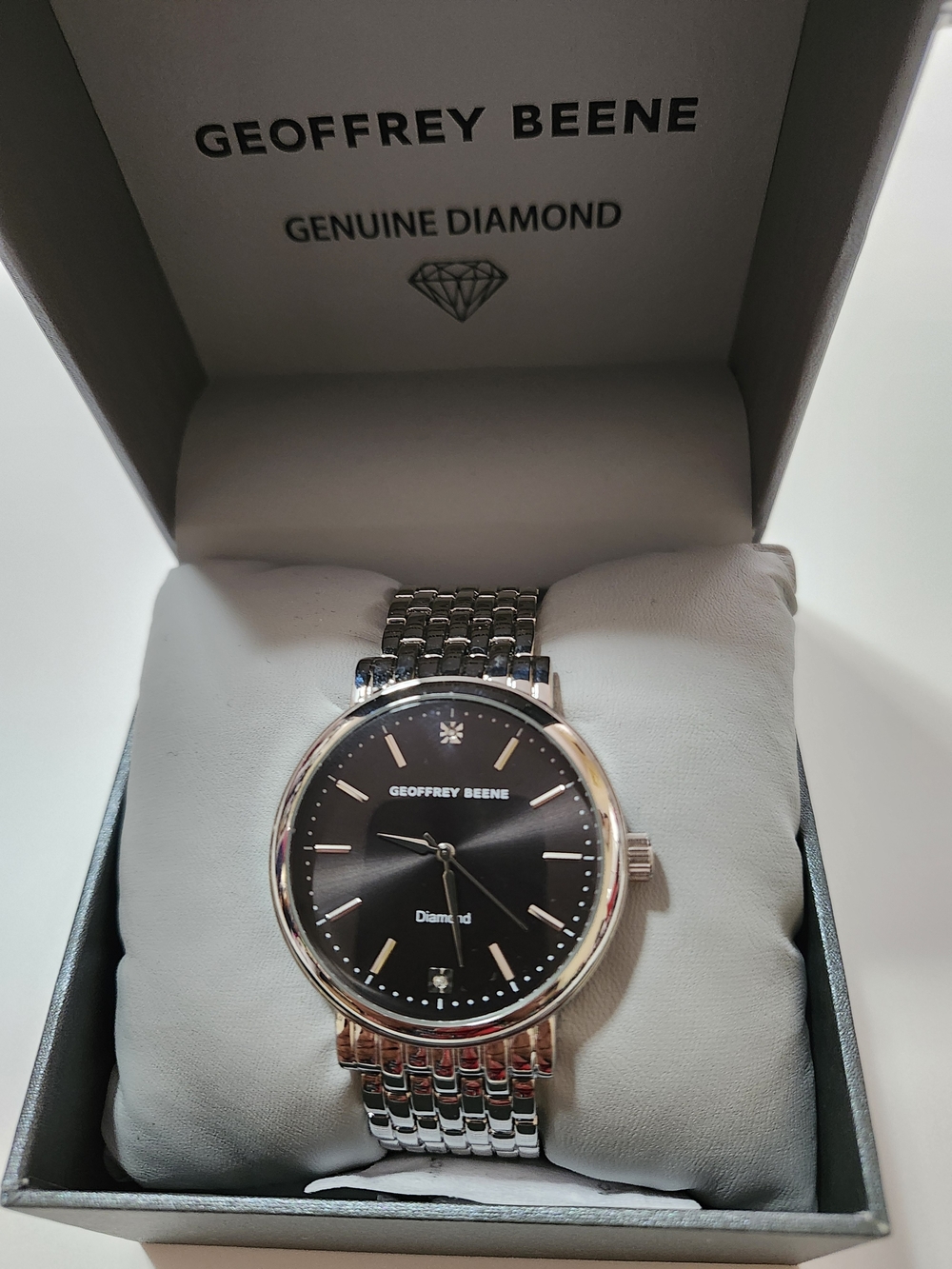 Geoffrey Beene Silver Stainless Steel Watch with Black Dial and Diamond